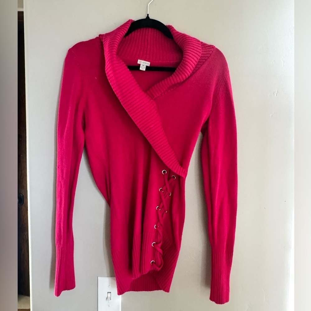 GUESS Y2K Pink Lace Up Wrap Sweater Coquette Soft Girl Ribbed Coquette Knit